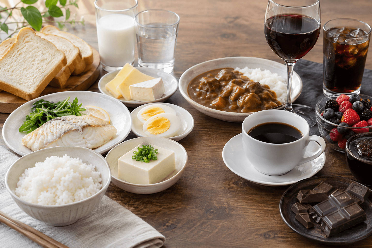 ホワイトニング後に避けたい飲食物と食べてよい食品のイメージ